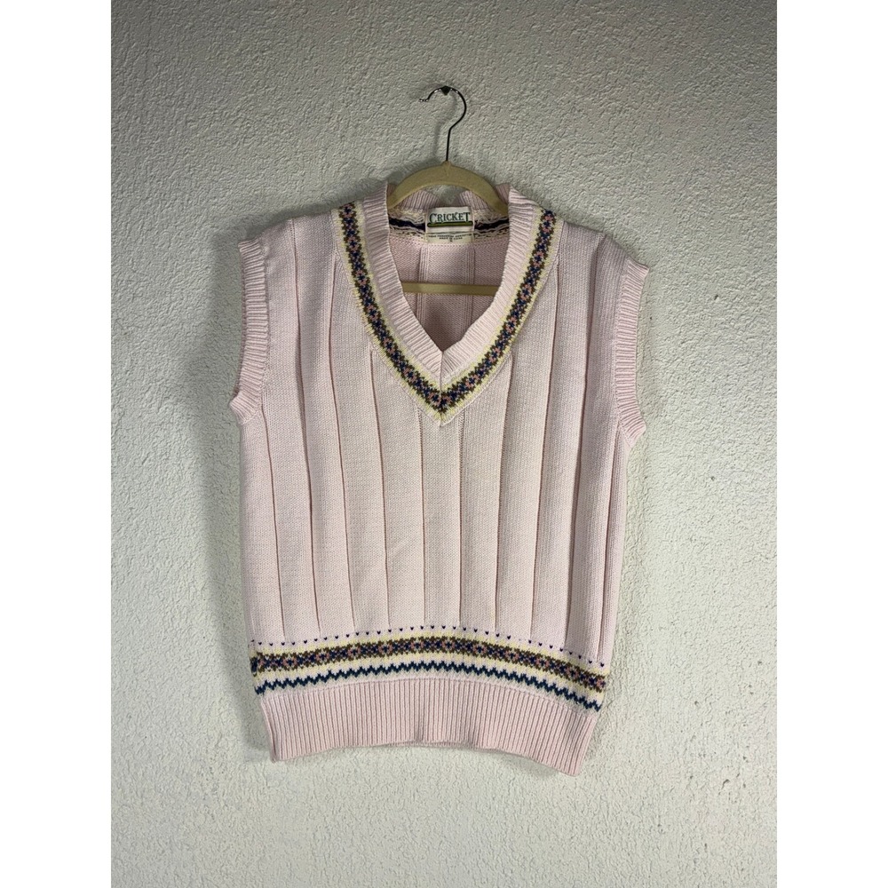 Cricket Mens Pink Fair Isle V-Neck Sweater Vest 100% Cotton Ribbed Knit Size M